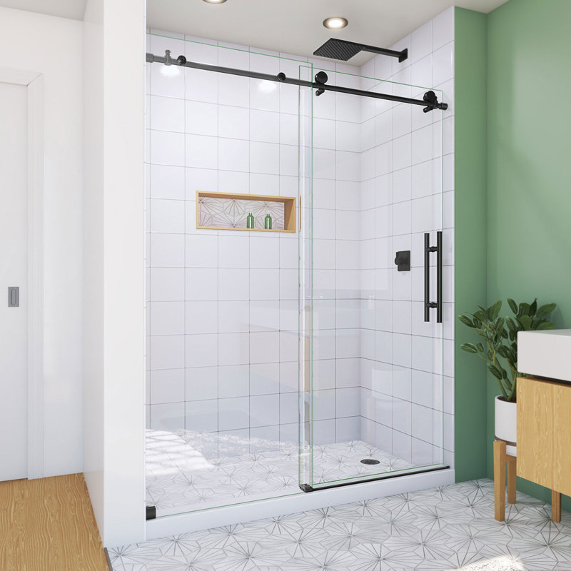 Porte de douche coulissante simple sans cadre de 56 à 60 po x H 76 po avec traitement en verre ClearMax, Noir mat