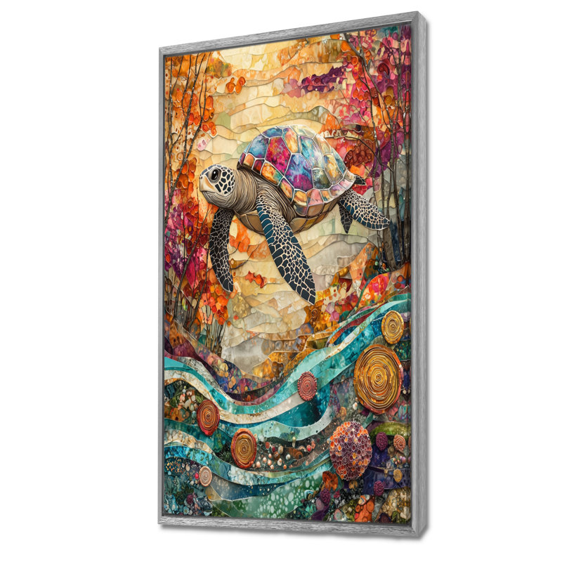 Coey Aquarium coloré avec une tortue au-dessus d'un corail II - tortue, art mural, H 60 po x l 28 po, Argent argent