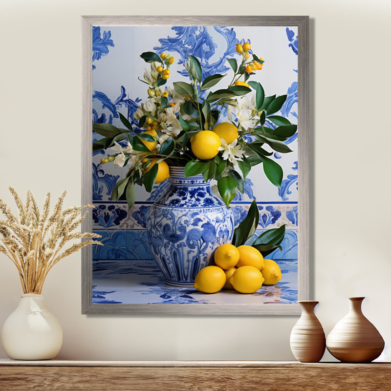 Carreaux grecs nature morte cuisine III - Boho Pottery, art mural, Cadre photo argenté, H 32 po x l 16 po x P 1 po