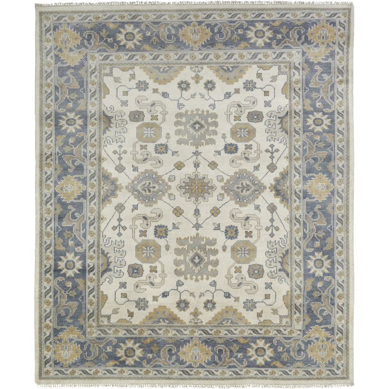Hand Knotted Wool Ivory/Blue Area Rug, Rectangle 8' x 10', Ivory