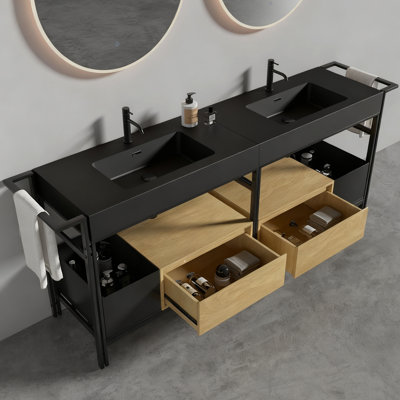 Industrial Style 72-Inch Modular Bathroom Vanity 2 Units , Soft-Close Drawer, Open Storage Bin, Adjustable Towel Bar, Hardware, Matte Black And Oak, Quartz Main Material, 73.31 In Depth, 18.36