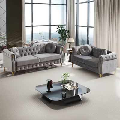 Canapé Chesterfield en velours capitonné, ensemble de salon 2 places + 3 places, canapé de salon moderne