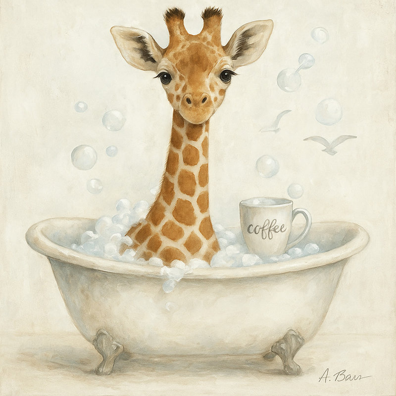 Bathtime Brew - Girafe dans une baignoire, art mural sur toile