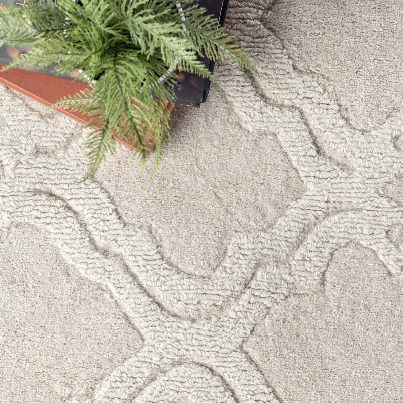 Tapis crème en laine touffeté à la main à motif géométrique Erardo, Rectangle 5 pi x 8 pi