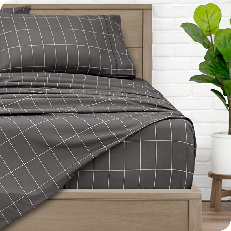 Queen Grid Grey/White Microfiber Deep Pocket Sheet Set