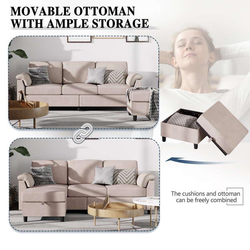 Modern L-Shaped Sofa with Ottoman – Soft Fabric, Compact Design for Living Room, Apartment, or Office, 79, Milk Coffee Linen