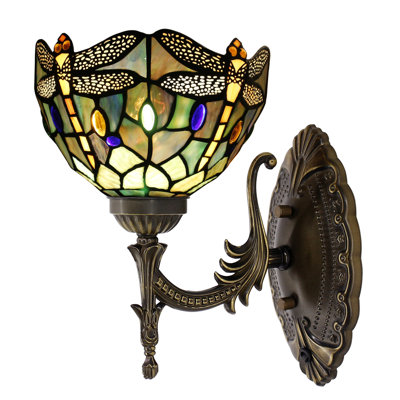 Applique murale Tiffany en verre coloré 8 x 10,5 x 11 pouces pour lampe de chevet dans le couloir (style libellule brun vert jaune)