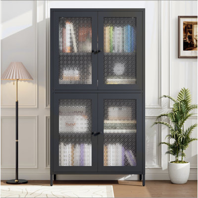 Armoire de rangement classique en métal avec 4 portes en verre et 4 tablettes avec armoire et armoire latérale autoportante pour bureau à domicile, cuisine, couloir, verre trempé Begonia