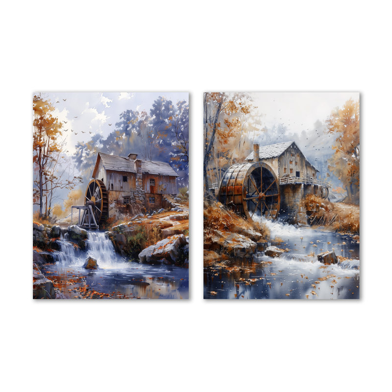 Ensemble de 2 décorations murales en métal gris et orange avec moulin à eau Wonder Mill I, 32" H x 48" W