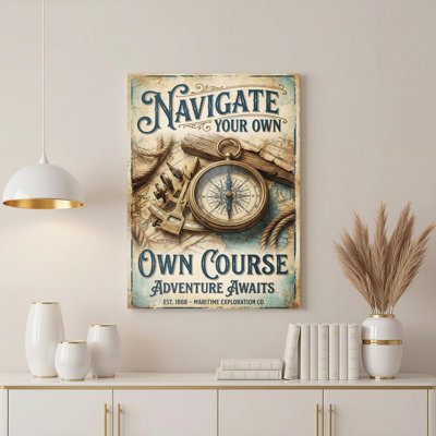 Navigate Your Own Course Compass And Map Nautical Theme Canvas Wrapped Wall Art Oil Painting Print Set Of 1