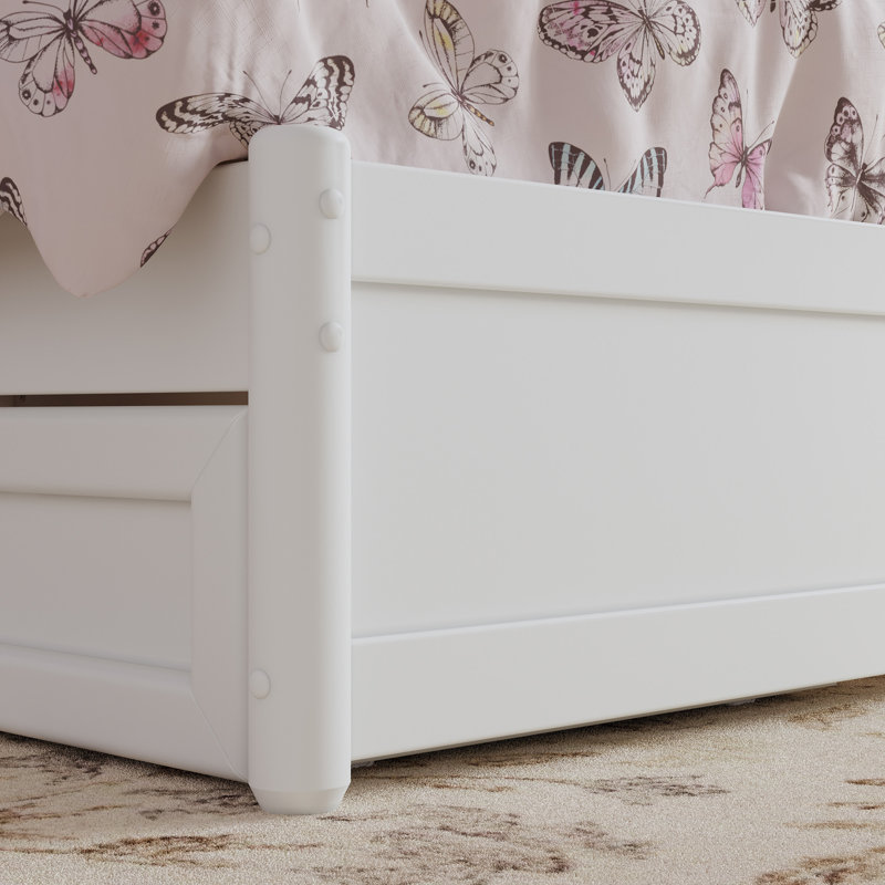 Lit plateforme avec rangement en bois massif Ashante avec pied de lit et tiroirs sous le lit, Simple, Blanc