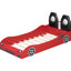 Lit simple rouge avec design de voiture de course et conduit sous le lit, dossier confortable, taille lueur