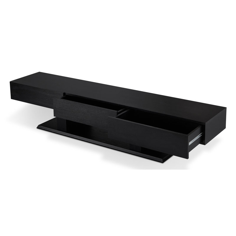 Meuble télé noir rectangulaire avec 3 tiroirs, pouvant accueillir des téléviseurs de 50 pouces, base en bois pour une installation soignée, 3 supports rectangulaires et spacieux