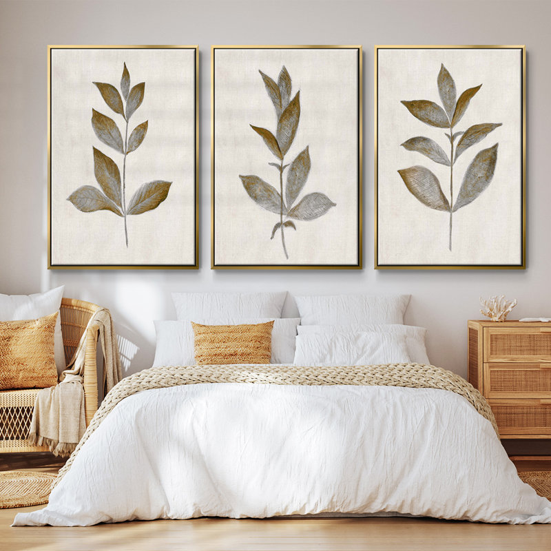 Bronze Leaf I - ensemble de 3 reproductions de photos sur toile, Or, H 27 po x l 54 po