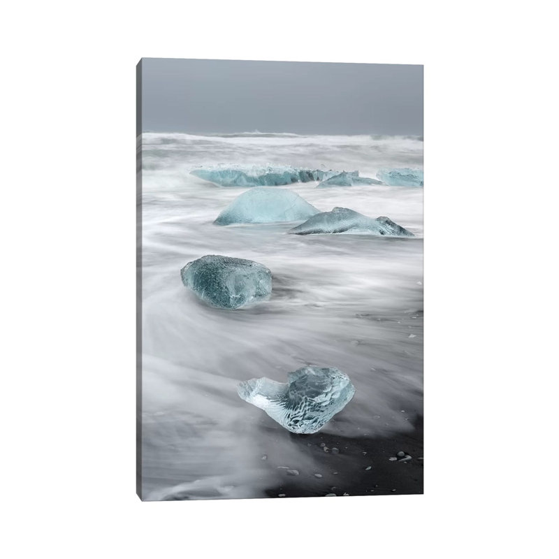 Icebergs On Black Volcanic Beach, Iceland. by Martin Zwick - Wrapped Canvas Print, 20.32 cm H x 30.48 cm W