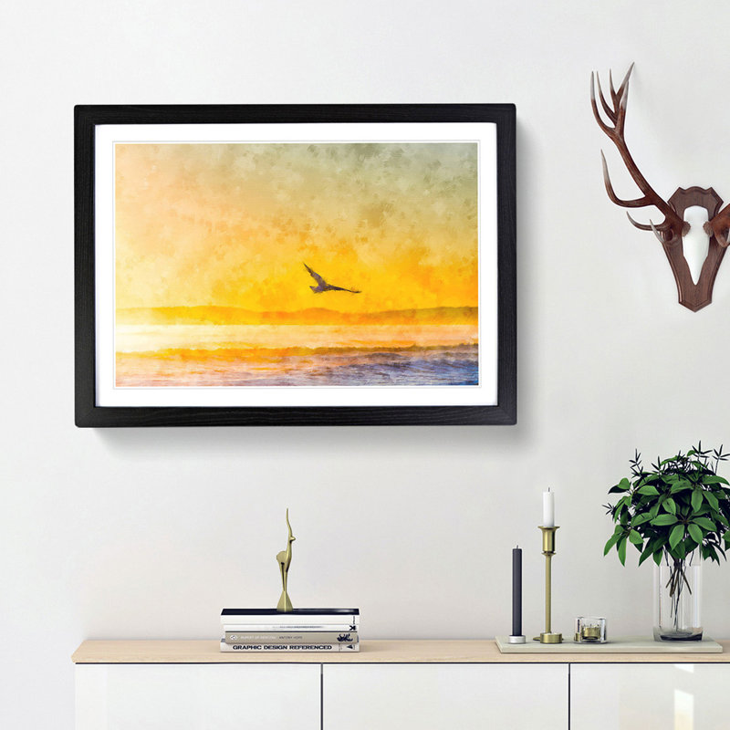 Seagull Flying over the Beach - Framed Print, Black Framed, 24cm H x 33cm W x 2cm D