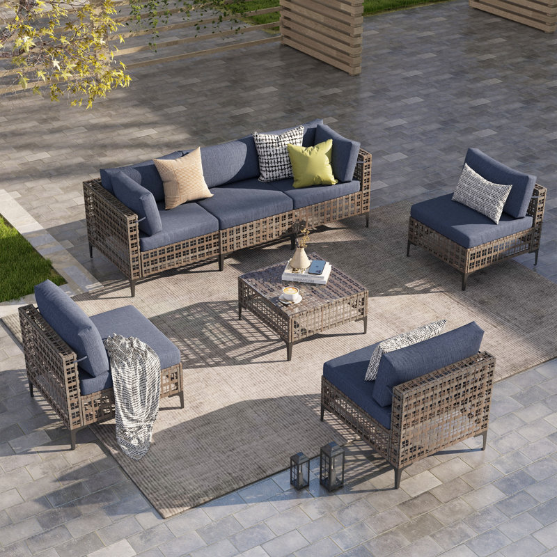 Ensemble de conversation modulaire d'extérieur 6 personnes avec coussins Abdihamid, Coussin beige / structure beige