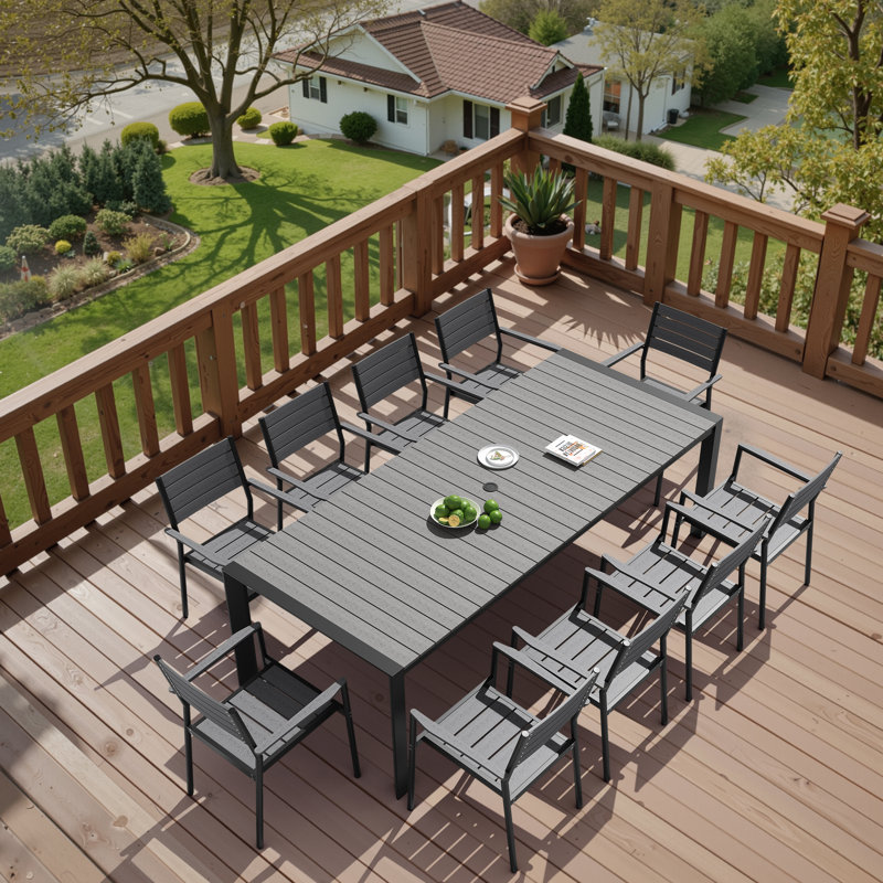 11 - Person 95'' W X 40'' D Aluminum Patio Dining Set With Stackable Armchairs And Umbrella Hole, Dark Gray
