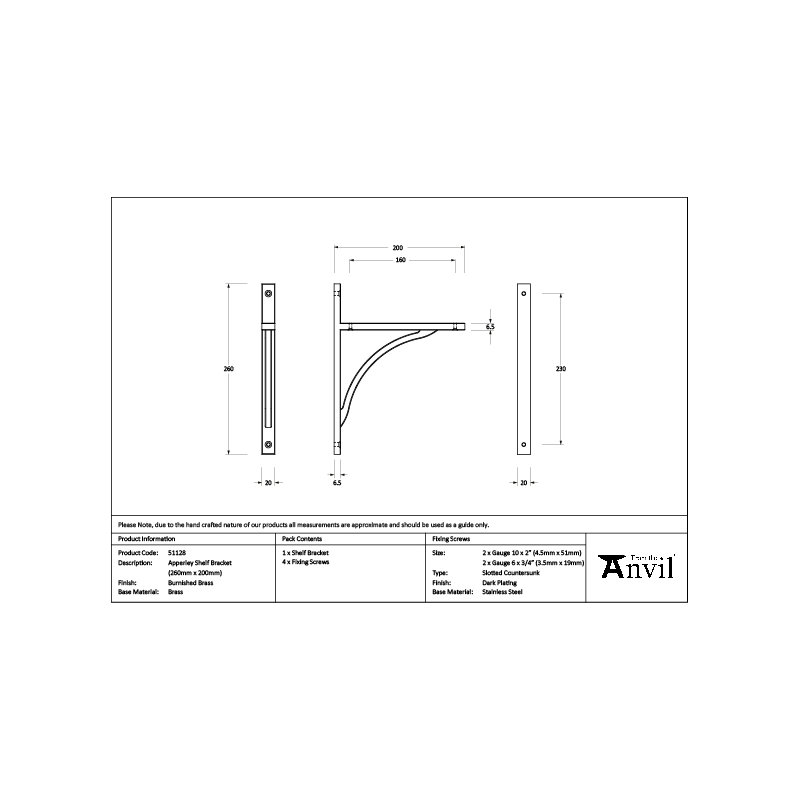 Apperley Shelf Bracket, Burnished Brass, 26cm H x 7.9cm W x 2cm D