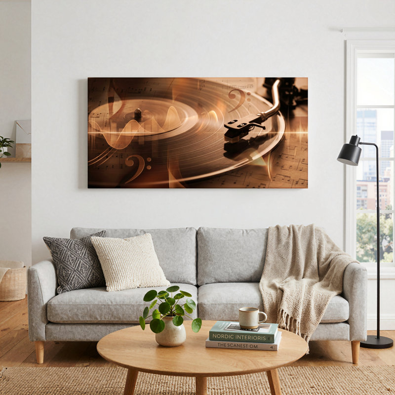 Ensemble de 1 tableau sur toile en forme de disque vinyle, L 46 po x H 24 po, Toile tendue