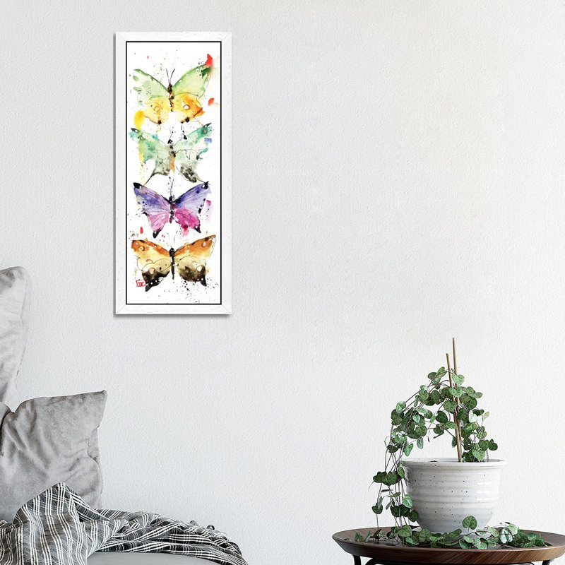 4 Butterflies by Dean Crouser - Floater Frame Panoramic Painting on Canvas, 30.48 cm H x 91.44 cm W, White