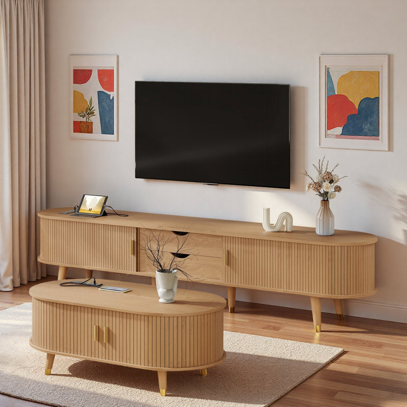 Ensemble de meuble télé et table basse en bois Farmhouse avec station de charge et portes coulissantes