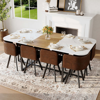 Ensemble de table de salle à manger 9 pièces carrée, plateau de table fixe en faux marbre blanc et grain de bois avec 8 chaises, ensemble de table de cuisine moderne pour 8 personnes, idéal pour les réunions de famille, la salle à manger