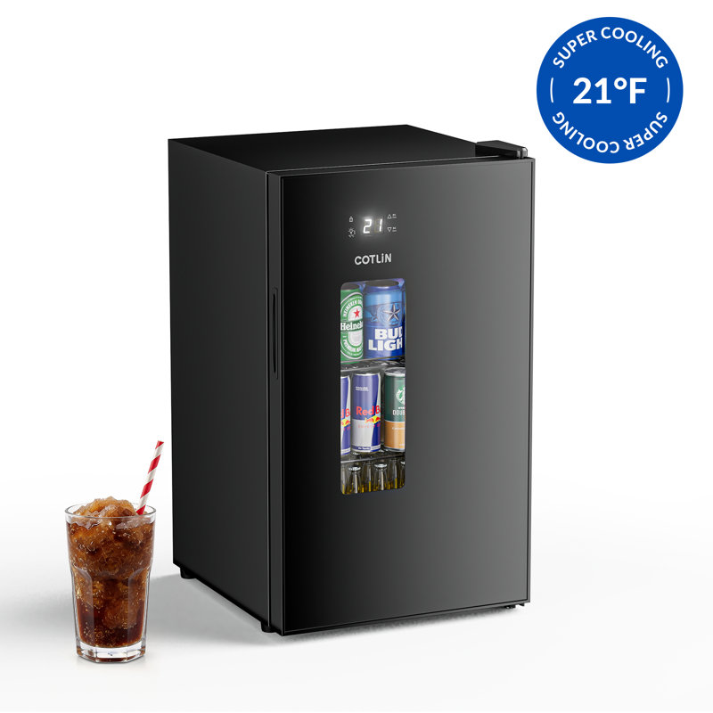 Réfrigérateur à boissons COTLIN 95, mini refroidisseur autoportant ou encastré, température réglable jusqu'à 21 ° F, système de refroidissement turbo pour boissons gazeuses, porte vitrée silencieuse à faible rayonnement, idéal pour la chambre à coucher
