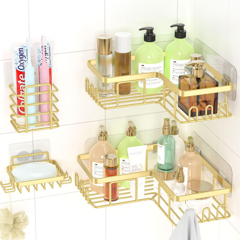 Adhesive Stainless Steel Shower Caddy, Gold