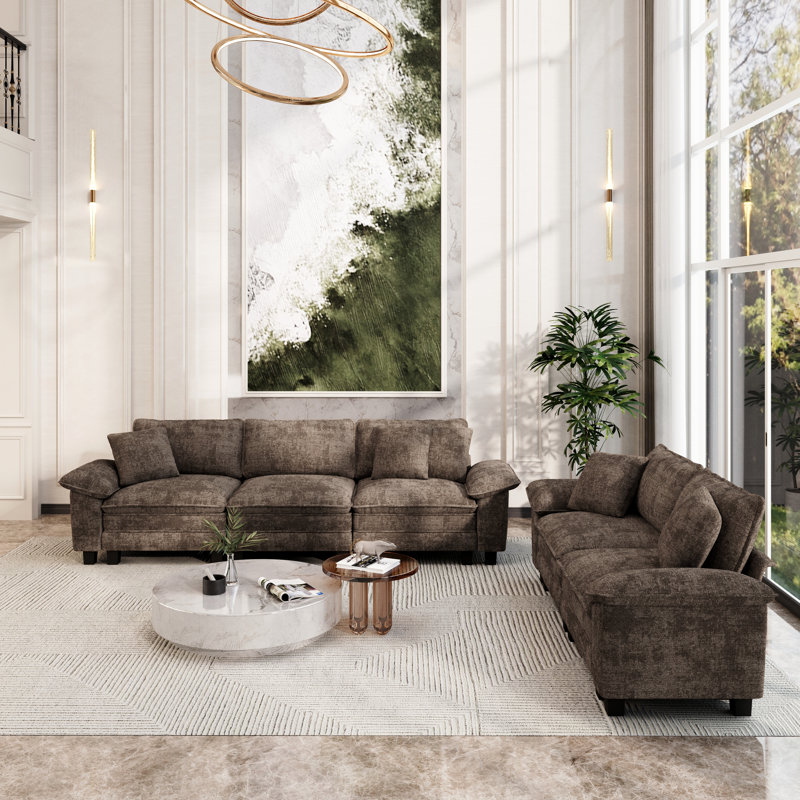 2-piece Upholstered Modular Sectional Sofa Sets, Oversized Couch Set With Loveseat And Sofa, Brown Chenille