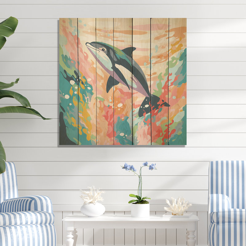 Impression de dauphin aquatique - impression d'un dauphin sur bois, H 15 po x l 15 po
