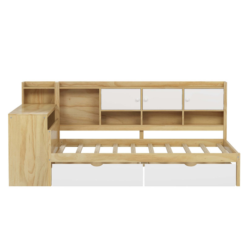 Wooden L-Shape Daybed with Seven Storage Cabinets and Two Storage Drawers, Multi-functional Bed with Study Desk and Built-in Bookshelf