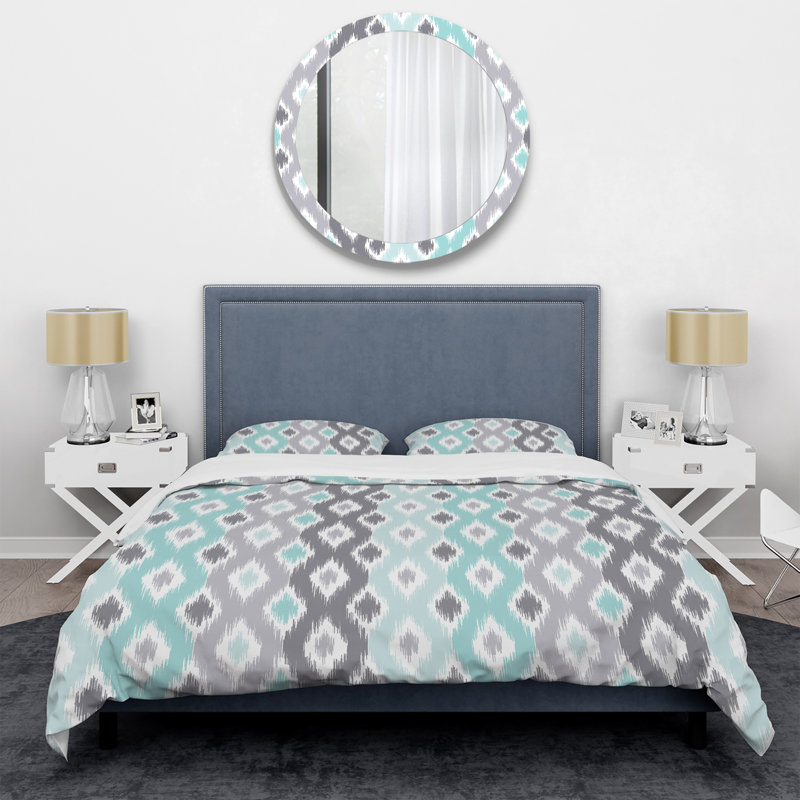 Ensemble de housse de couette Ikat Ogee bleu et gris, Housse de couette pour très grand lit et 2 très