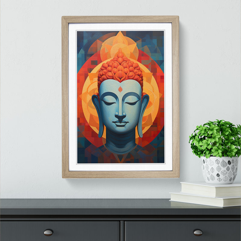 Buddha Hard Edge Painting Art - Framed Print, 64cm H x 46cm W x 2cm D, Oak Framed