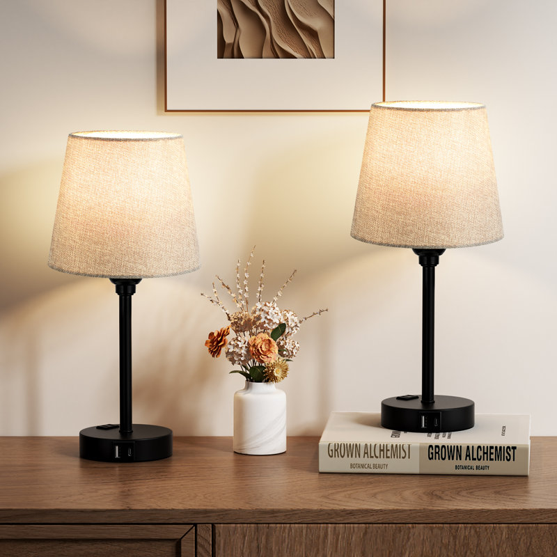 15'' Minimal Table Lamp Set with Touch Control, AC Outlet and USB A&C Ports, Gray