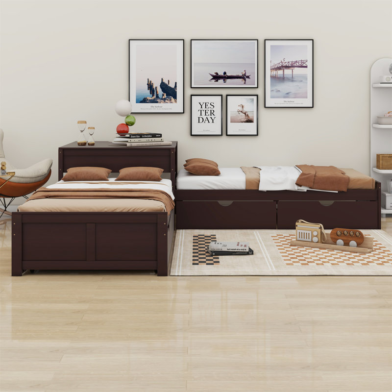 L-Shaped Platform Bed With Trundle,Drawers And Built-In Desk, Espresso