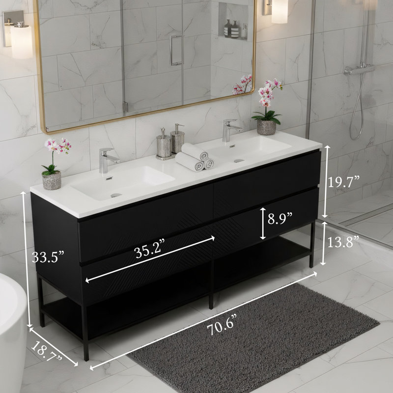 Espartaco 72 po L x 21 po P 4 tiroirs Meuble-lavabo autoportant avec évier double et Comptoir en Polymarbre blanc
