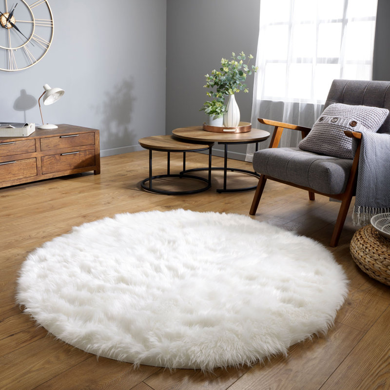 Tapis blanc à poils longs Haja Fluffy, Rond 7 pi 11 po