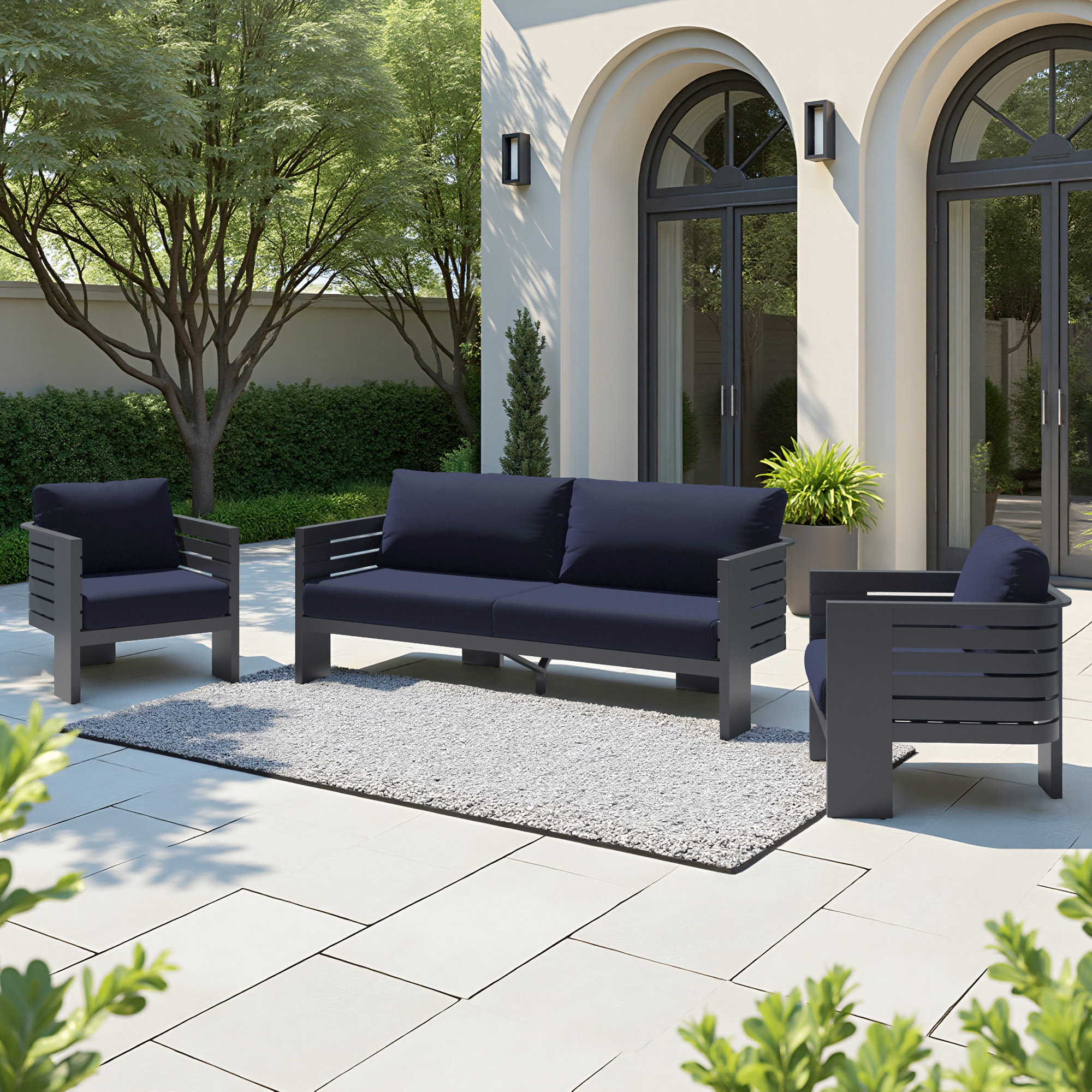 Ari 3 Piece Sunbrella® Outdoor Patio Seating Set, Navy
