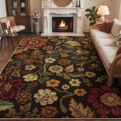Ammons Blossom Floral Machine Washable Brown / Green / Red Indoor Area Rug With Non-Slip Backing