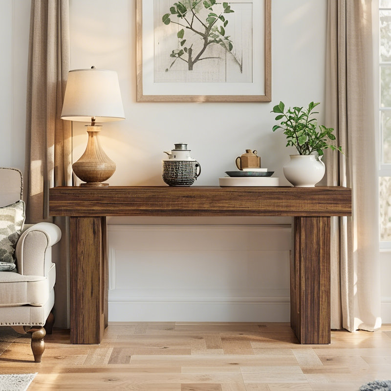 63-Inch Rustic Brown Wooden Console Table with Storage
