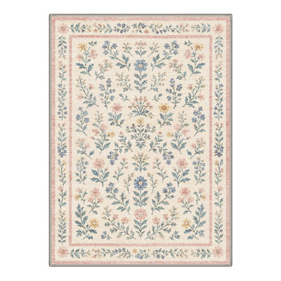 Machine Washable Floral Ivory / Blue Area Rug With Non-Slip Backing