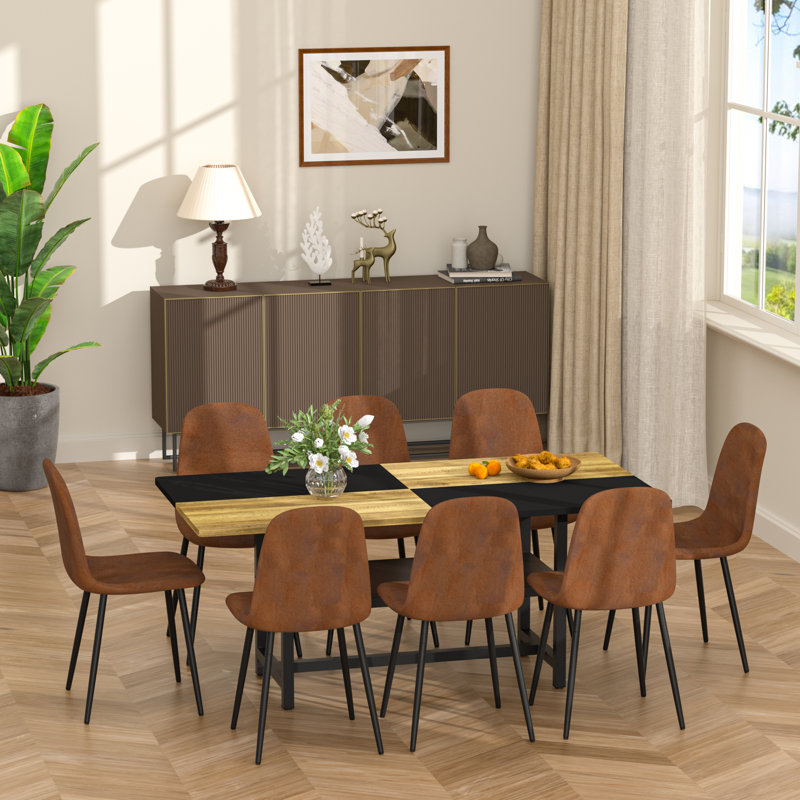 Ensemble de table de salle à manger 9 pièces en bois avec fonction de rangement et chaises en similicuir, Brown