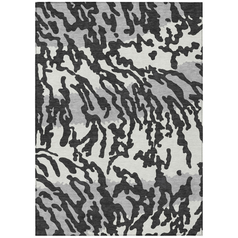3' X 5' Black Gray And Ivory Animal Print Washable Indoor Outdoor Area Rug