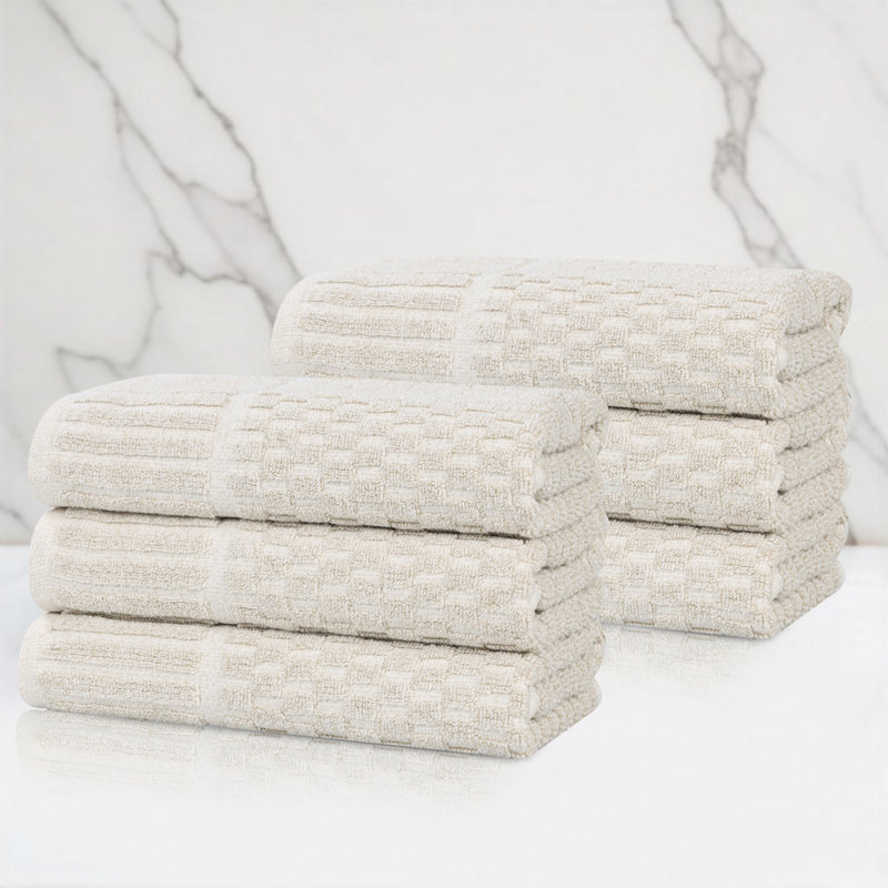 Beige Cotton Blend Textured Checkered Hand Towels, 30" x 16"