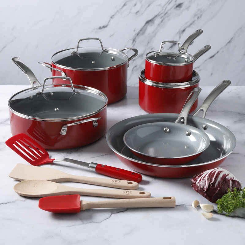 Batterie de cuisine antiadhésive en aluminium 14 pièces Martha Stewart, Rouge/gris