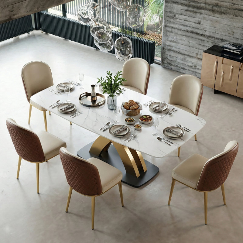 Dashon Modern Rectangular Sintered Stone Dining Table with Gold Stainless Steel Base, 35.4″ W x 70.9″ L