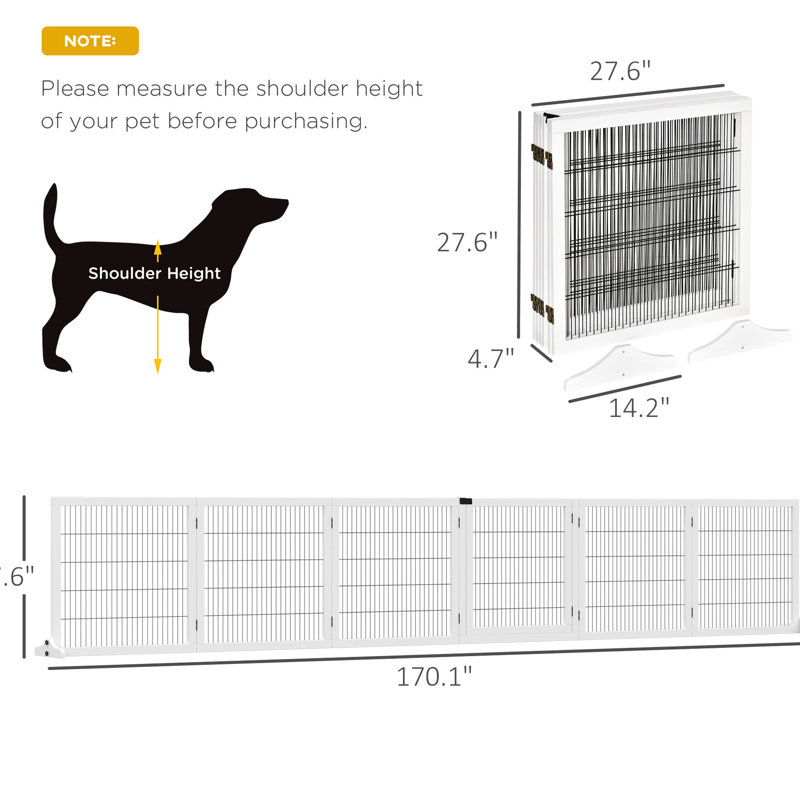 Barrière pour animaux 170 po en bois, blanche. Barrière pliable à 6 pieds avec pieds stables. Convient aux chiens de petite et moyenne taille. Poignée facile et barrière pour chien autoportante robuste. Conception à 2 supports. Entrée et sortie. Taille