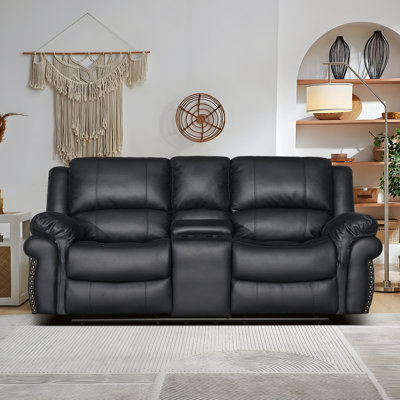  73.2" Manual Reclining Faux Leather Loveseat with Centre Console and Cup Holders in Black