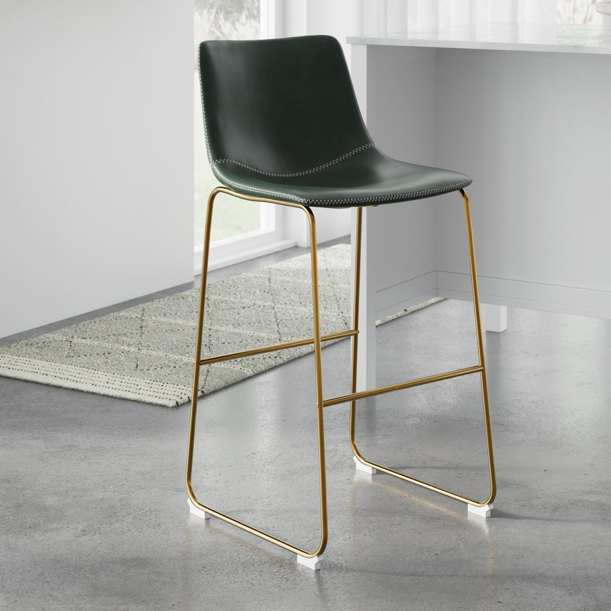 Nia Vegan Leather Bar & Counter Stool, Counter Stool (24" Seat Height), Green, Gold